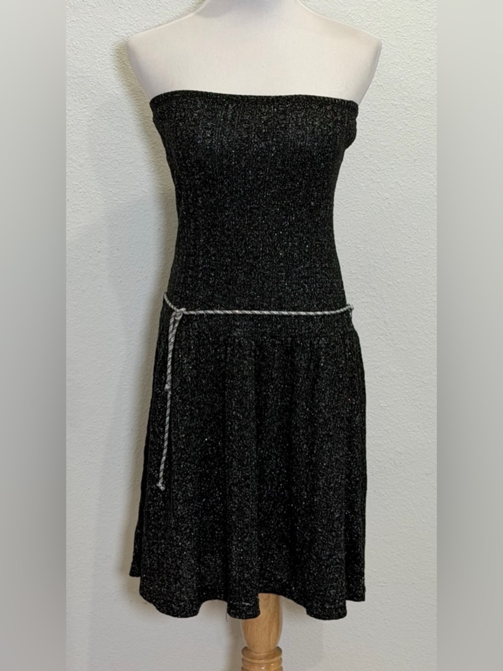 Free People Metallic Lurex Strapless Belted Mini Dress Medium Black Sparkle Boho